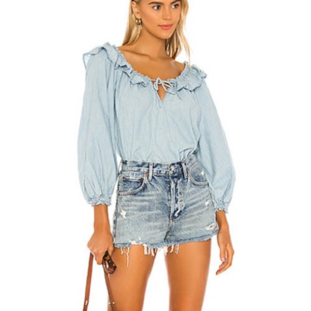 Free people light wash denim shirt long sleeve size XS